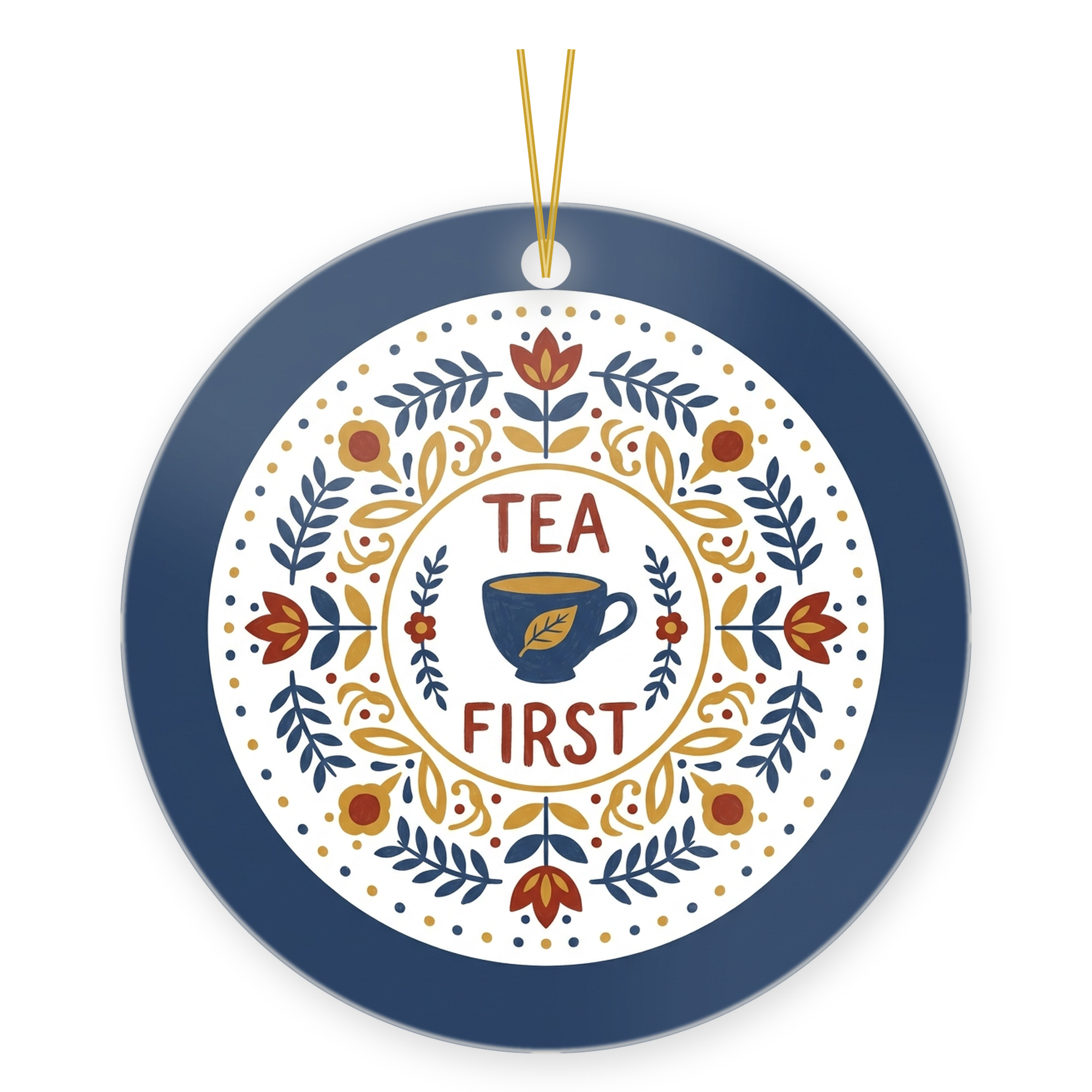 Tea Lover Christmas Ornament Folk Art Teacup Tea First Keepsake ceramic hanging ornament &mdash; printed by hand at DistinctInk