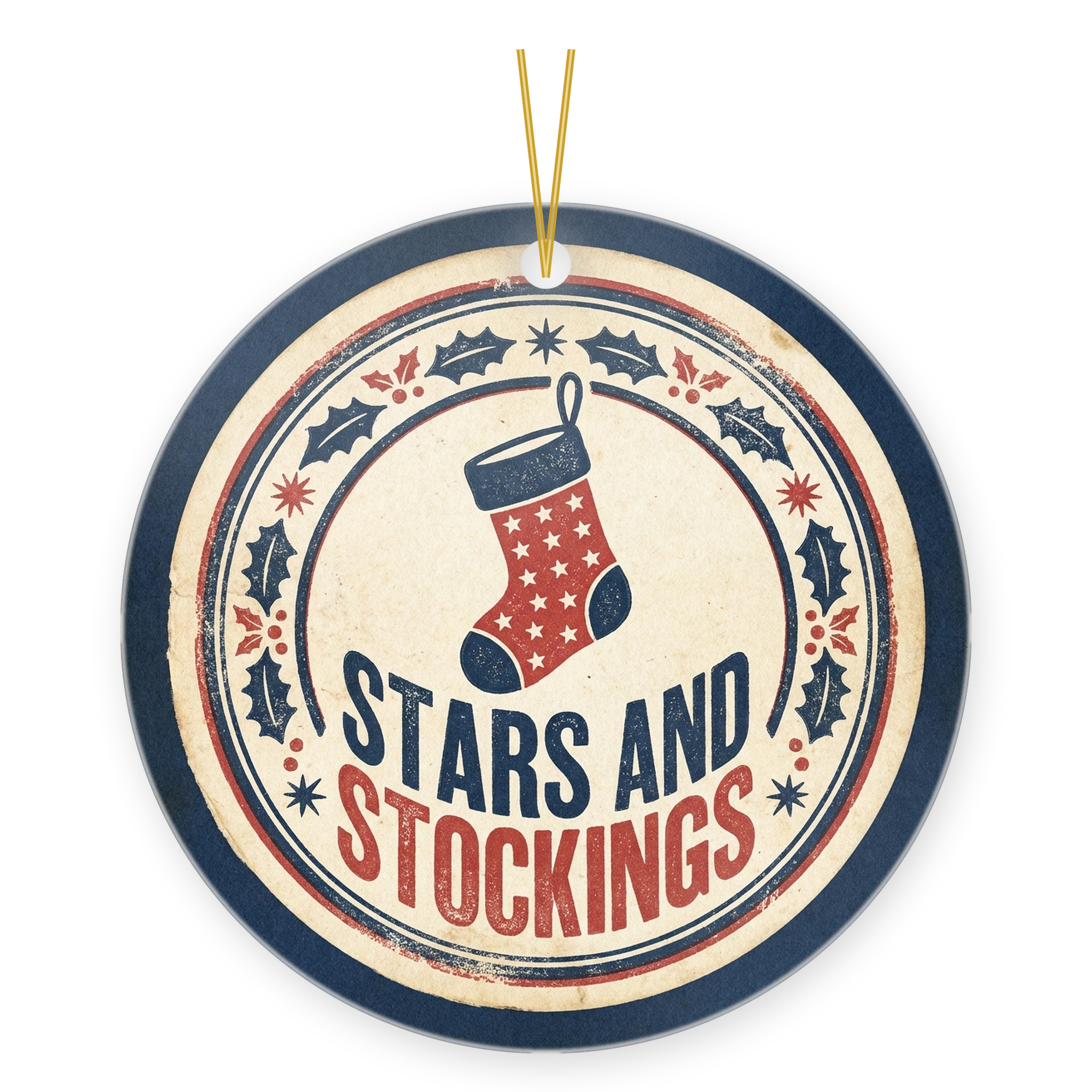Holiday Stocking Lover Ornament, Vintage Americana Christmas Gift ceramic hanging ornament &mdash; printed by hand at DistinctInk